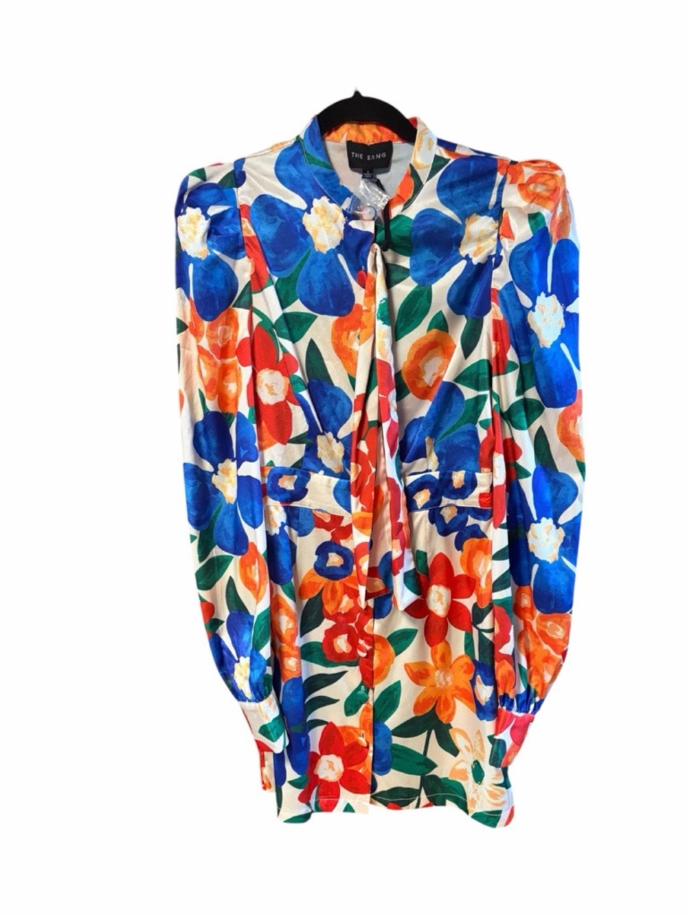 The Sang Watercolor Floral Tie Neck Button Front Mini Dress